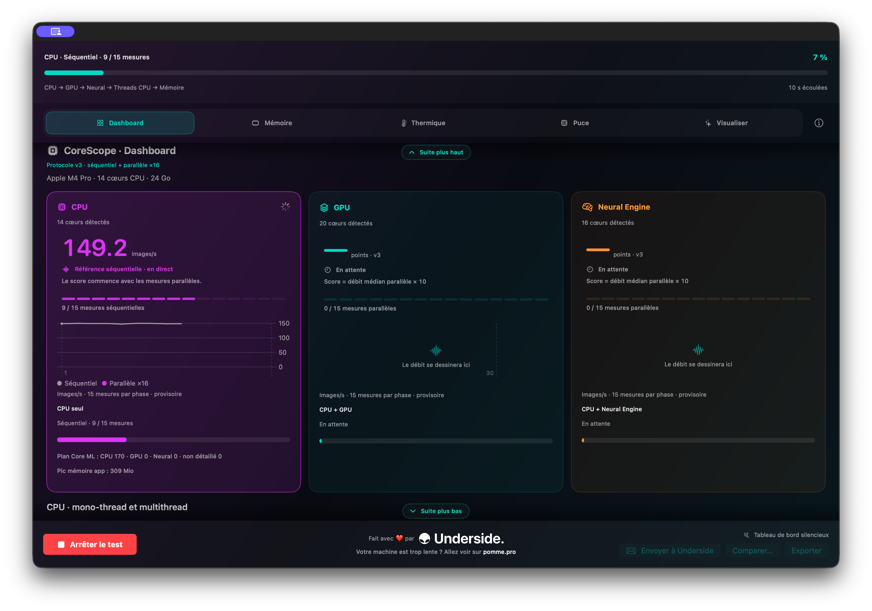 Tableau de bord CoreScope présentant CPU, GPU et Neural Engine