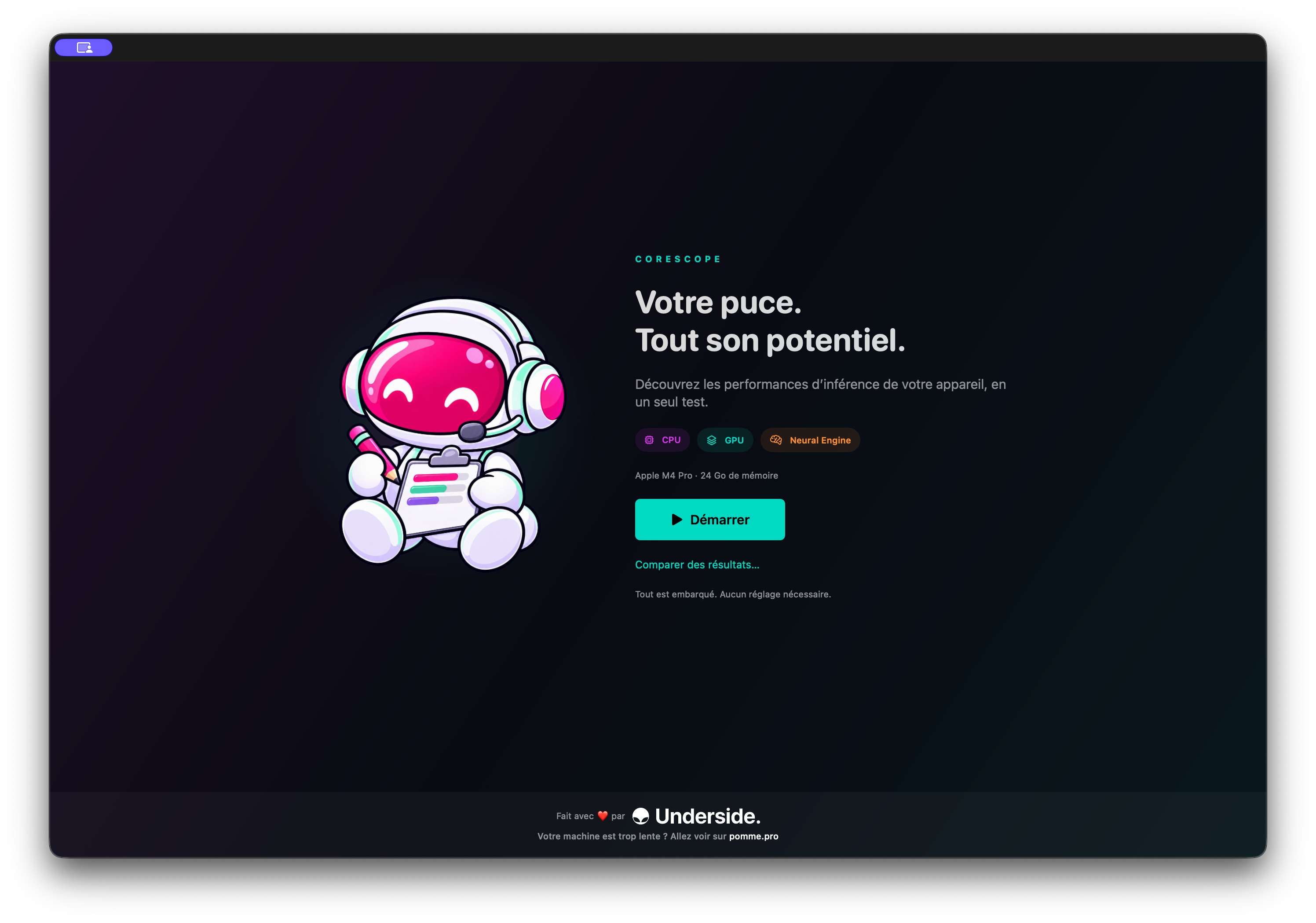 Écran d'accueil de CoreScope sur Mac
