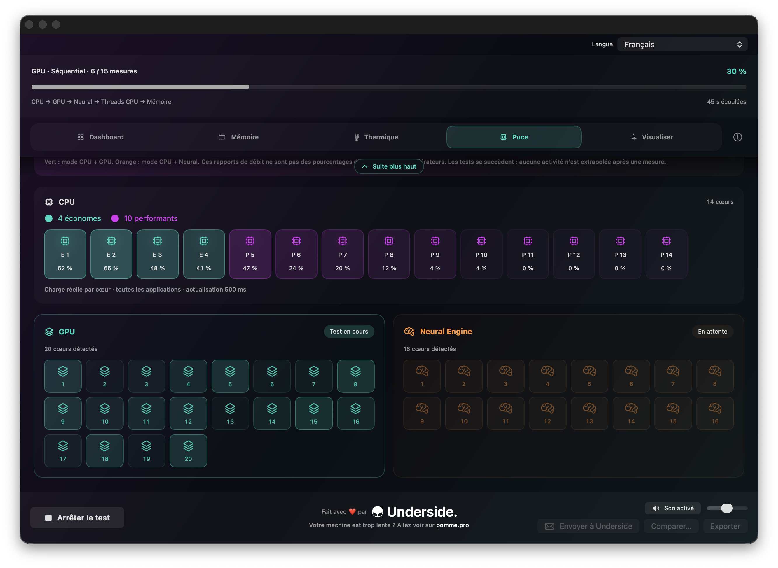 CoreScope pendant le benchmark avec le son activé